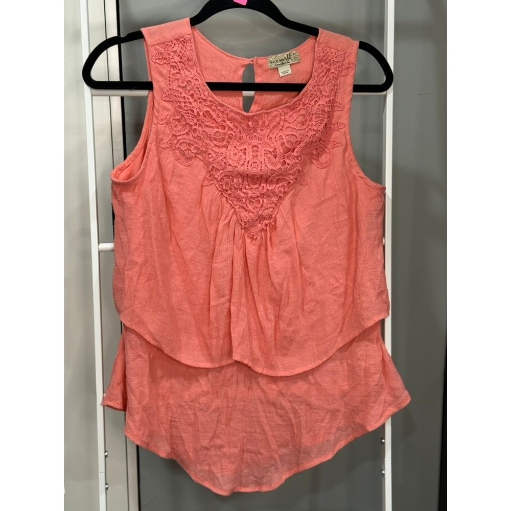 One World Coral Pink Crochet Lace Tiered Sleeveless Boho Blouse S Cottagecore